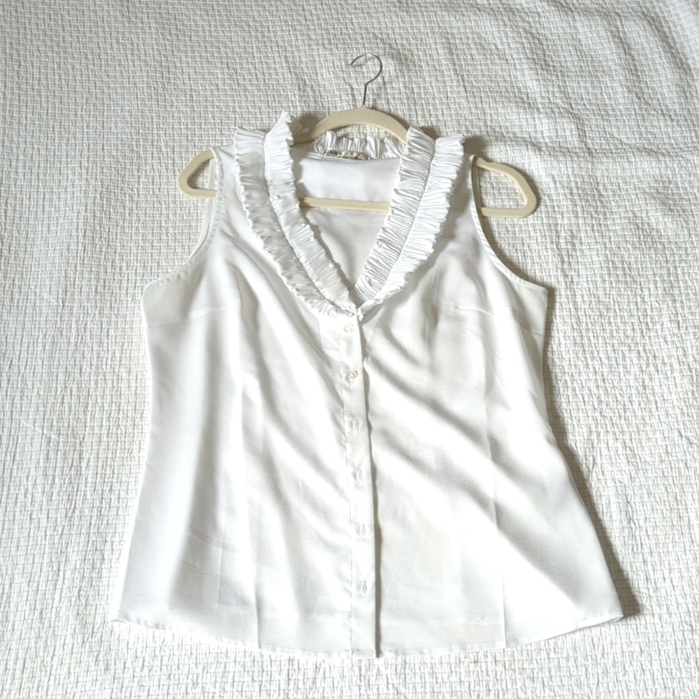 Womens Cleo Buttoned Blouse Sleeveless Tank with Tasteful Collar Ruffles White